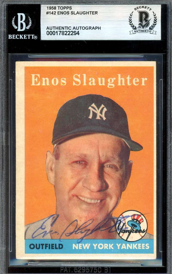 Enos Slaughter Beckett BAS Signed 1958 Topps Autograph