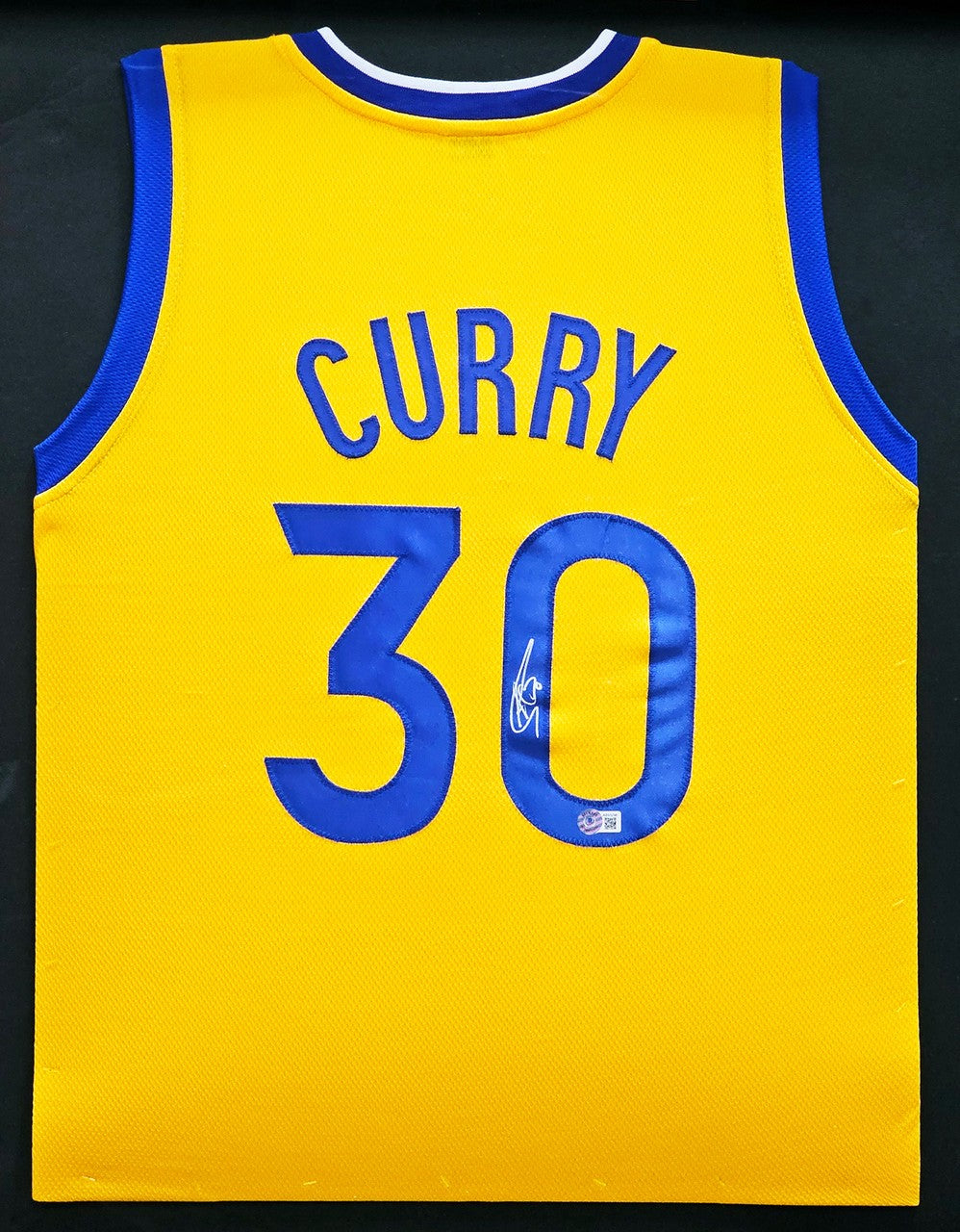 Golden State Warriors Stephen Curry Signed Framed Yellow Jersey Beckett BAS