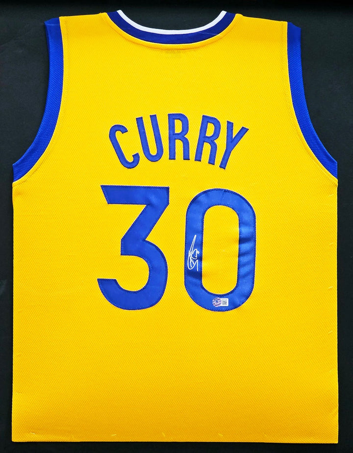 Golden State Warriors Stephen Curry Signed Framed Yellow Jersey Beckett BAS