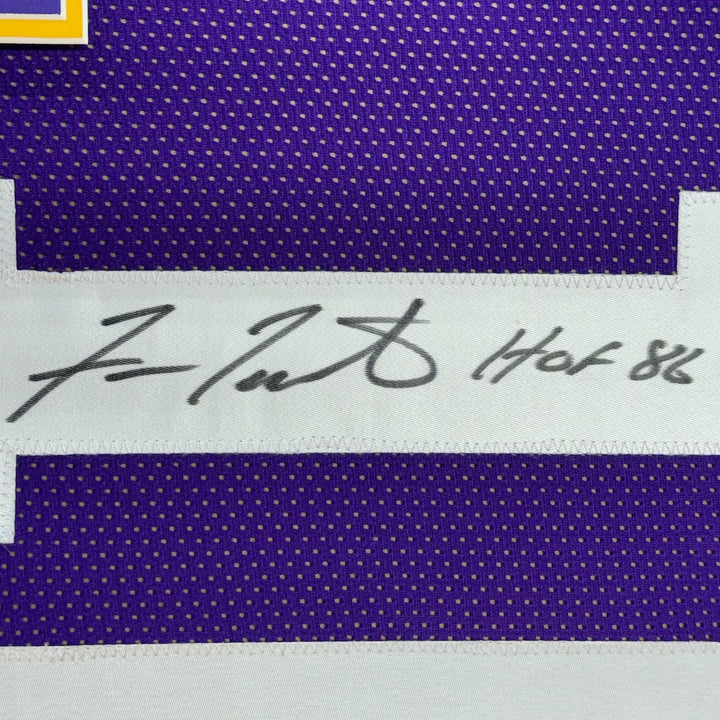 Framed Autographed/Signed Fran Tarkenton HOF 86 33x42 Purple Jersey JSA COA