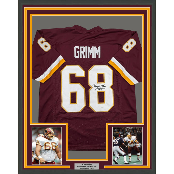Framed Autographed Russ Grimm 35x39 HOF Washington Maroon Jersey JSA COA