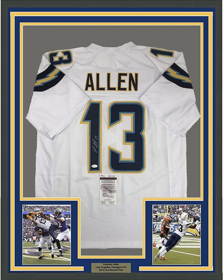 Framed Signed Keenan Allen 35x39 Los Angeles LA White Jersey JSA COA