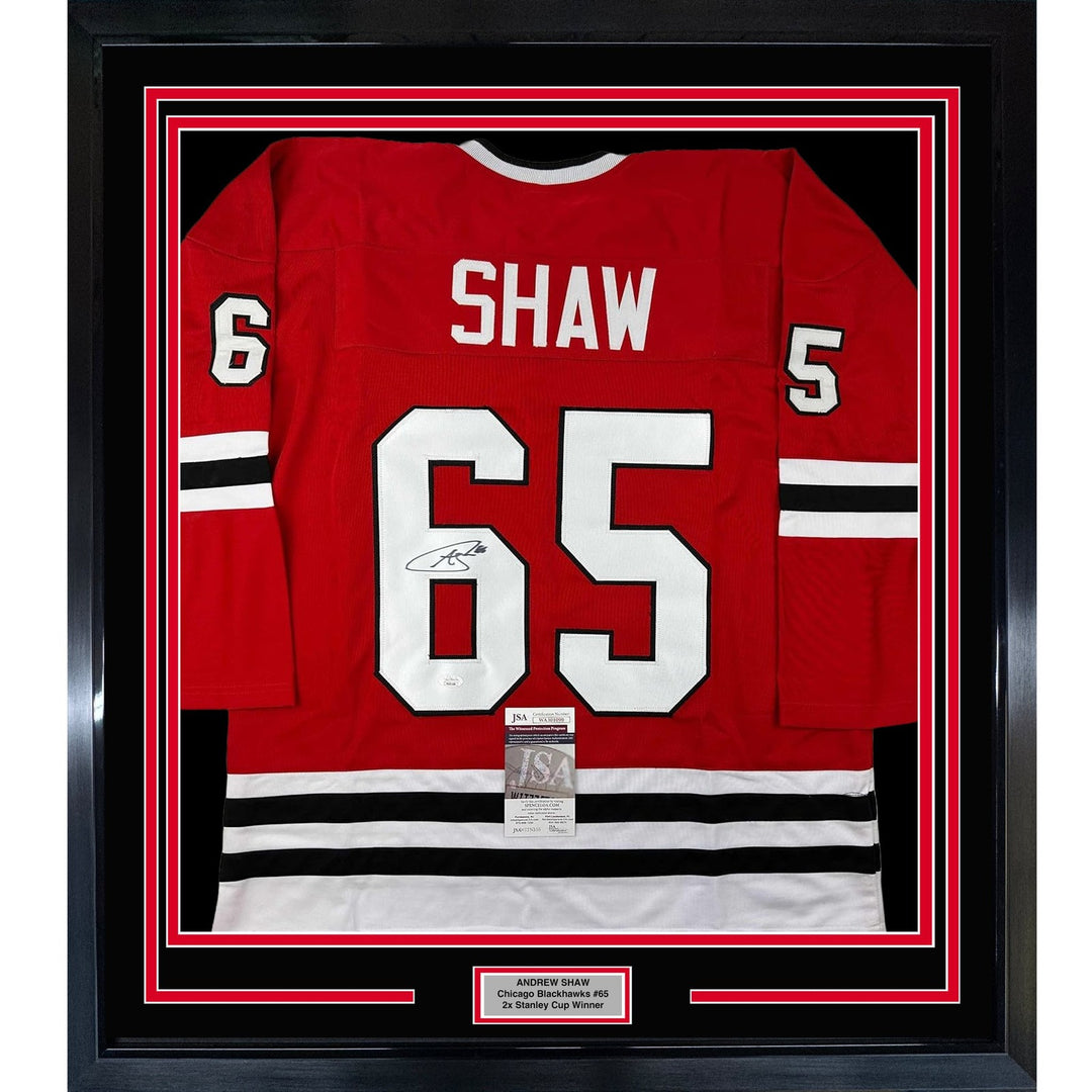 Framed Autographed/Signed Andrew Shaw 35x39 Chicago Red Jersey JSA COA