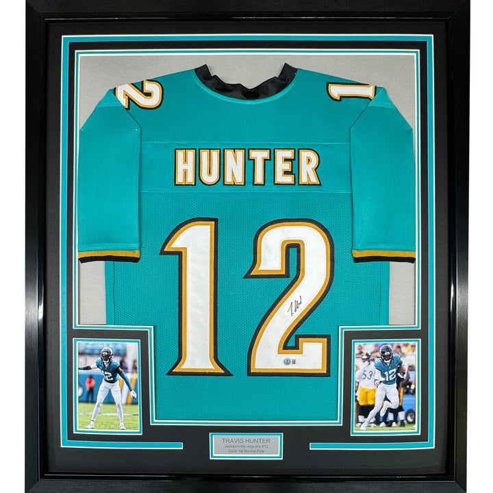 Framed Autographed/Signed Travis Hunter 35x39 Jacksonville Teal Jersey BAS COA