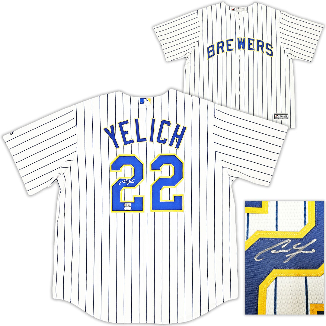Brewers Christian Yelich Signed White Pinstripe Majestic Jersey Size XL JSA