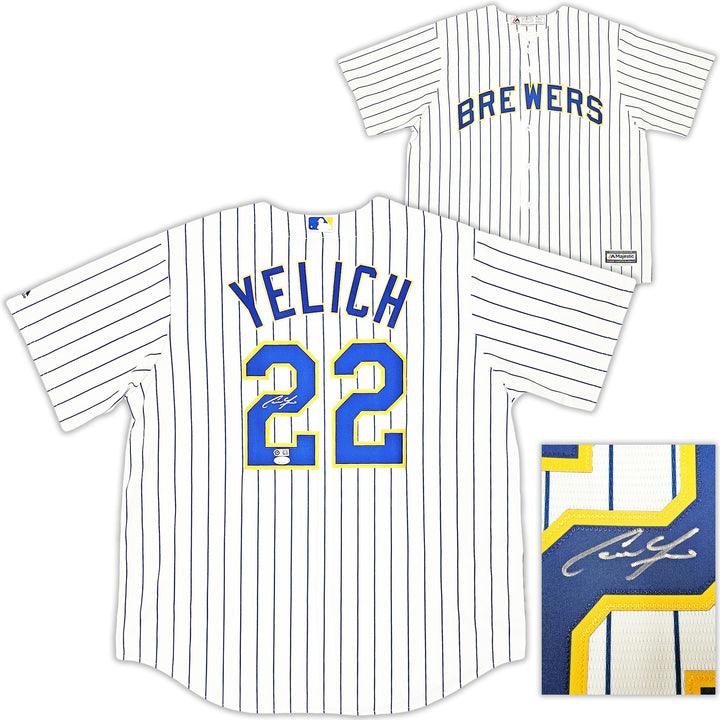 Brewers Christian Yelich Signed White Pinstripe Majestic Jersey Size XL JSA
