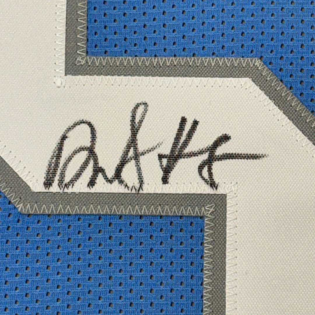 Framed Autographed/Signed David Montgomery 35x39 Detroit Blue Jersey COA