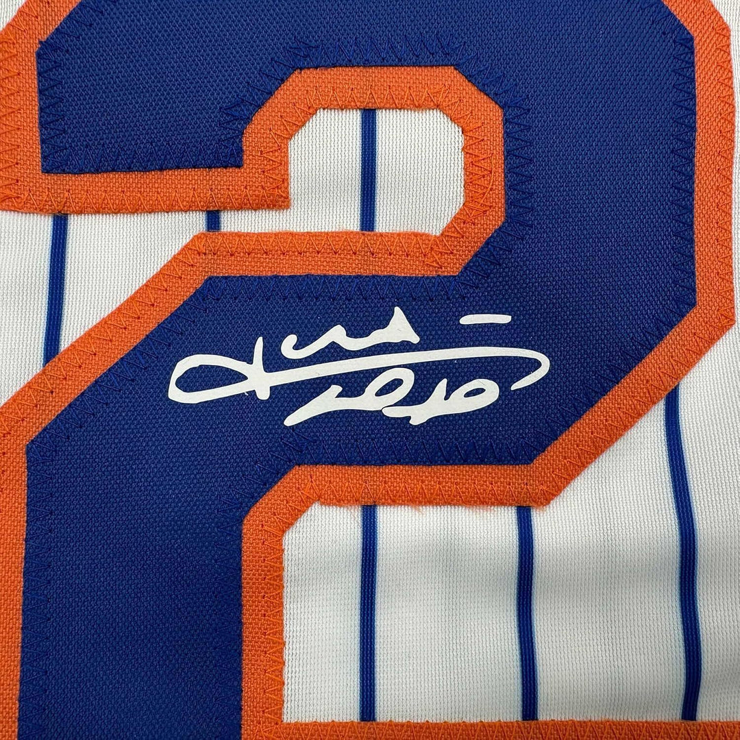 Framed Facsimile Autographed Juan Soto 35x39 New York Pinstripe Reprint Jersey
