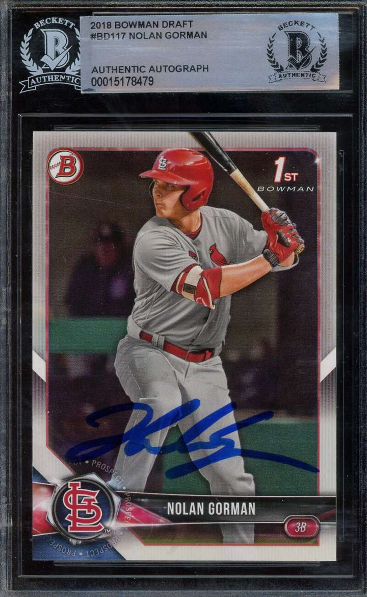 Nolan Gorman Beckett BAS Signed 2018 Bowman Draft Rookie Autograph