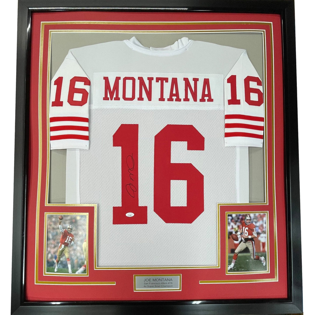 Framed Signed Joe Montana 35x39 San Francisco White Jersey JSA COA