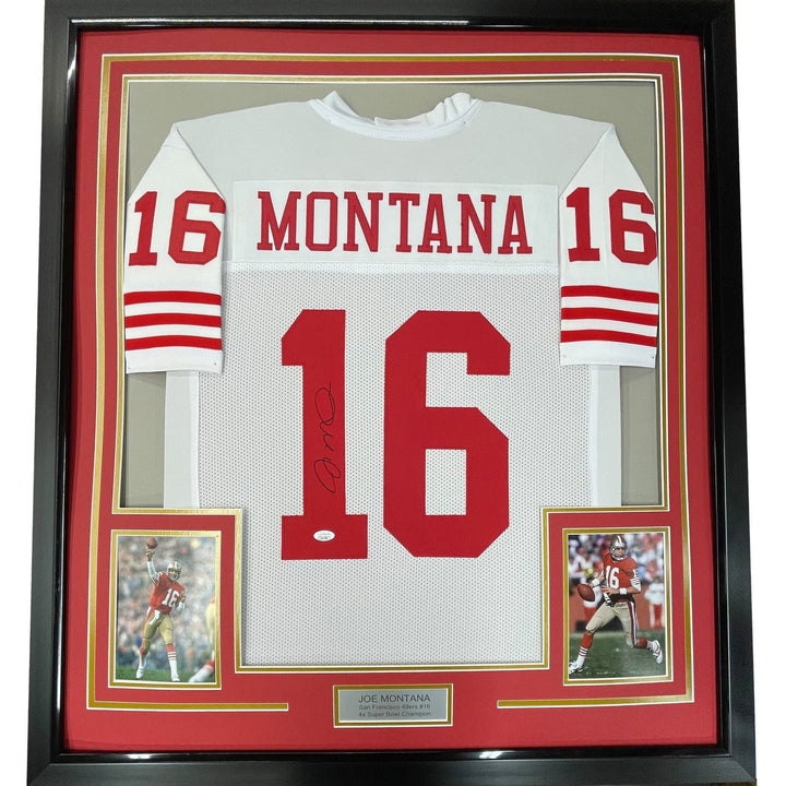 Framed Signed Joe Montana 35x39 San Francisco White Jersey JSA COA