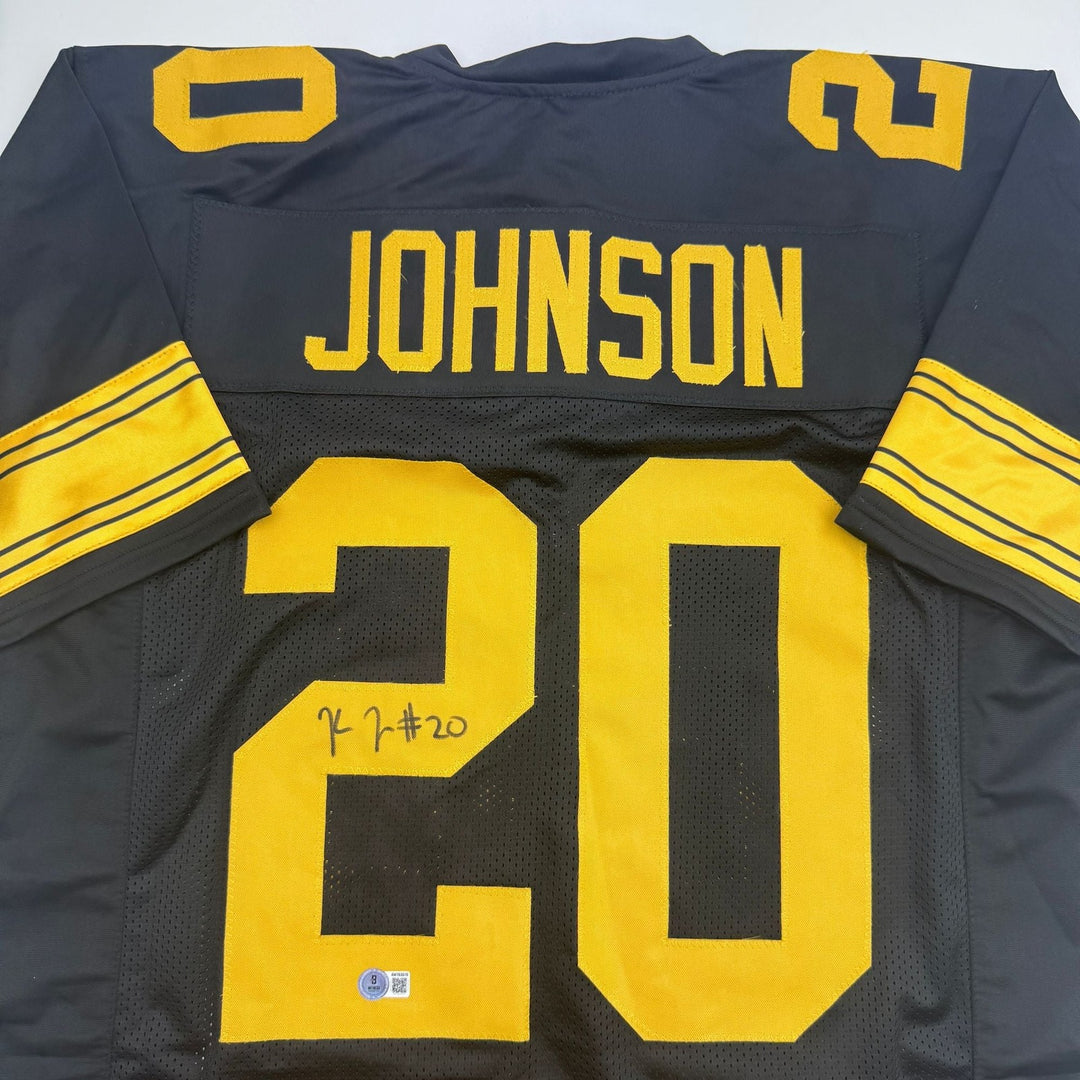 Autographed/Signed Kaleb Johnson Pittsburgh Black Color Rush Jersey BAS COA