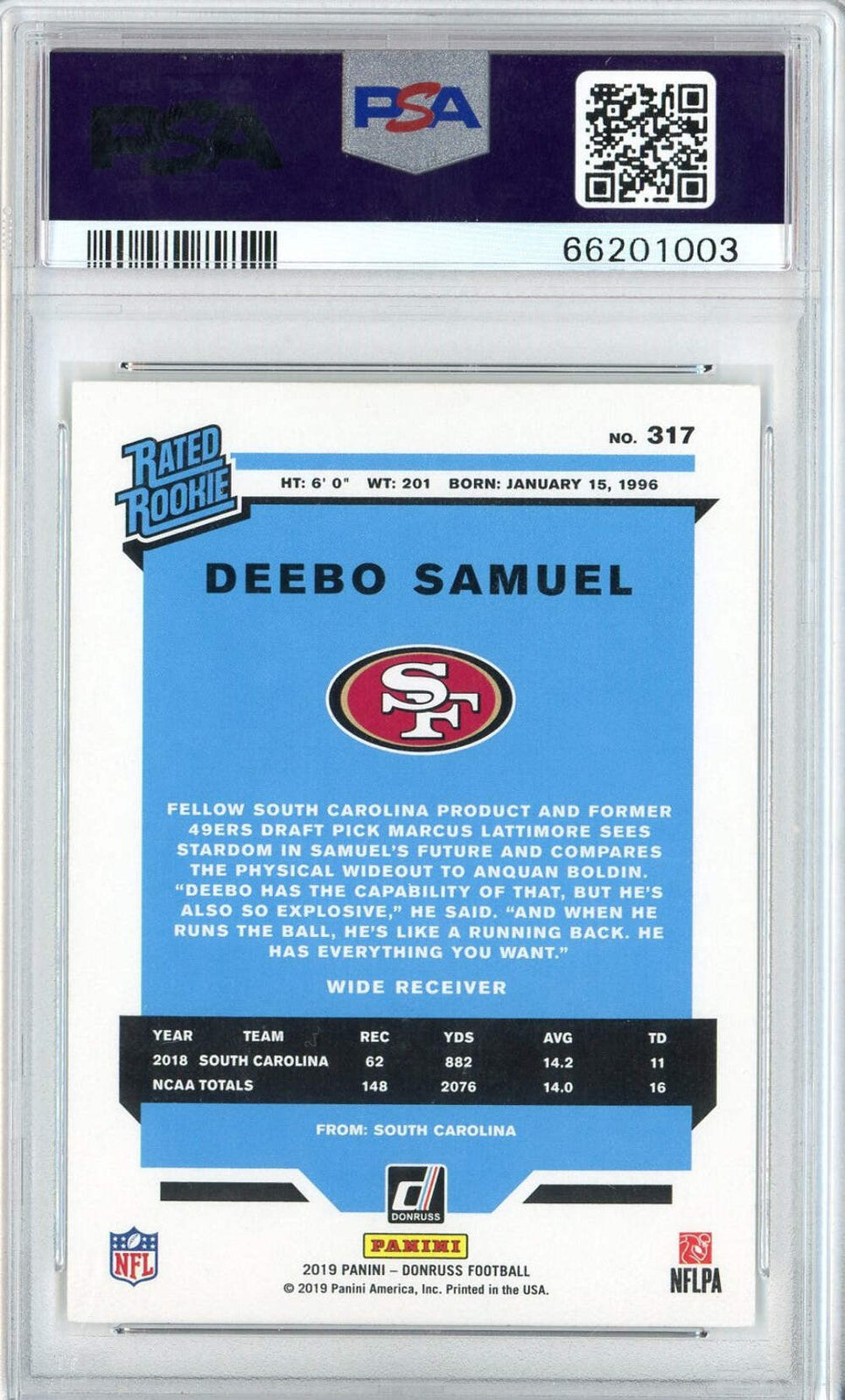 Graded 2019 Panini Donruss Deebo Samuel #317 Canvas Rookie Football Card PSA 10