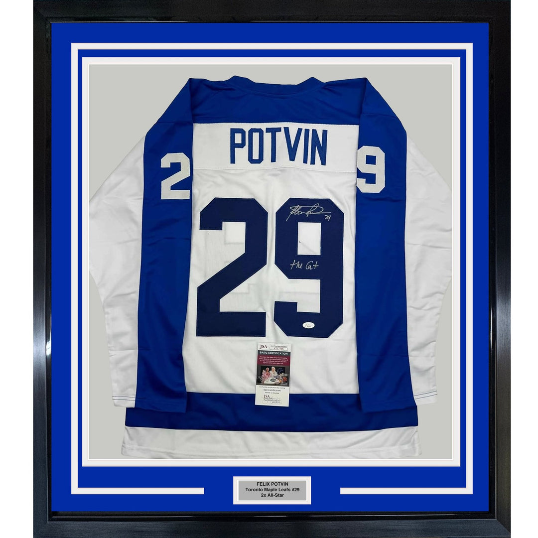 Framed Autographed/Signed Felix Potvin 35x39 Toronto White Jersey JSA COA