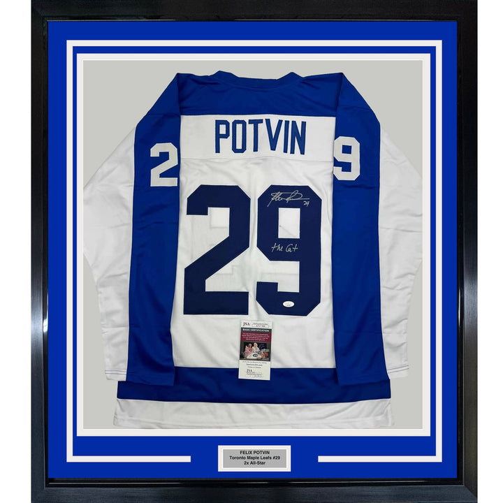 Framed Autographed/Signed Felix Potvin 35x39 Toronto White Jersey JSA COA
