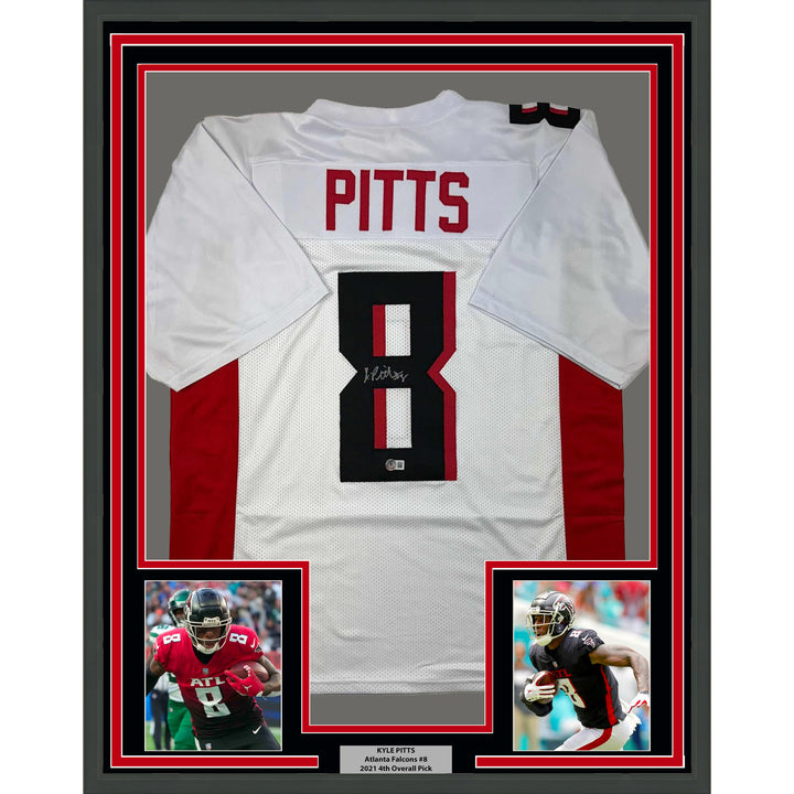 Framed Autographed/Signed Kyle Pitts 35x39 Atlanta White Jersey Beckett BAS COA