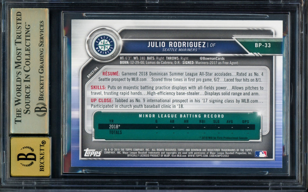Julio Rodriguez Auto 2019 1st Bowman Paper RC BP33 BGS 9.5 Sig 10 Beckett
