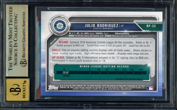 Julio Rodriguez Auto 2019 1st Bowman Paper RC BP33 BGS 9.5 Sig 10 Beckett