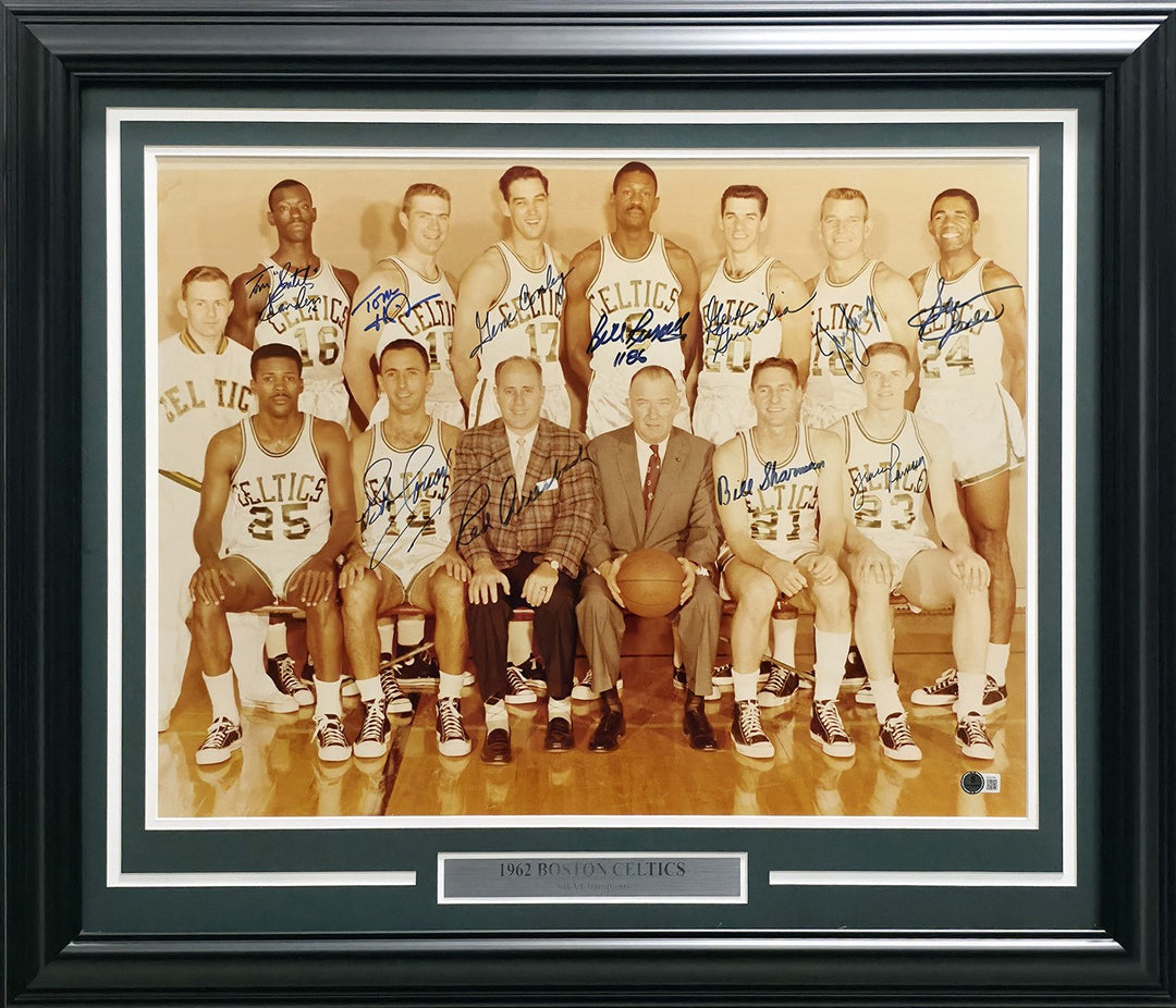 1962 Celtics Team Auto Framed 18x24 Photo 11 Sigs Bill Russell, Auerbach Beckett