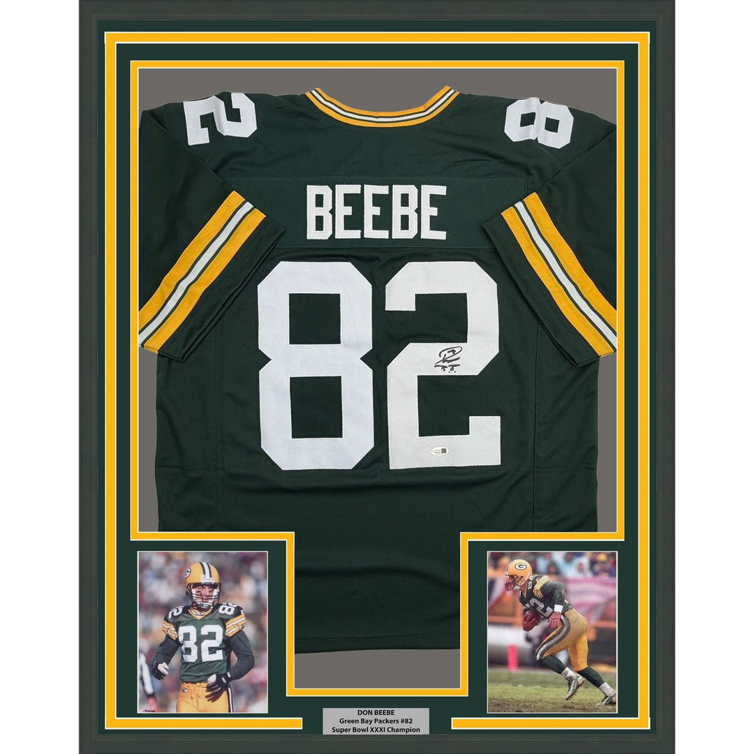 Framed Autographed/Signed Don Beebe 35x39 Green Bay Green Jersey JSA COA