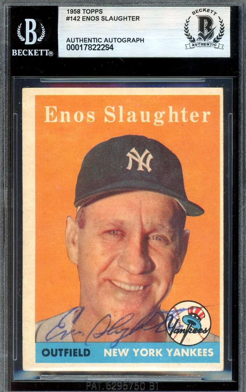 Enos Slaughter Beckett BAS Signed 1958 Topps Autograph
