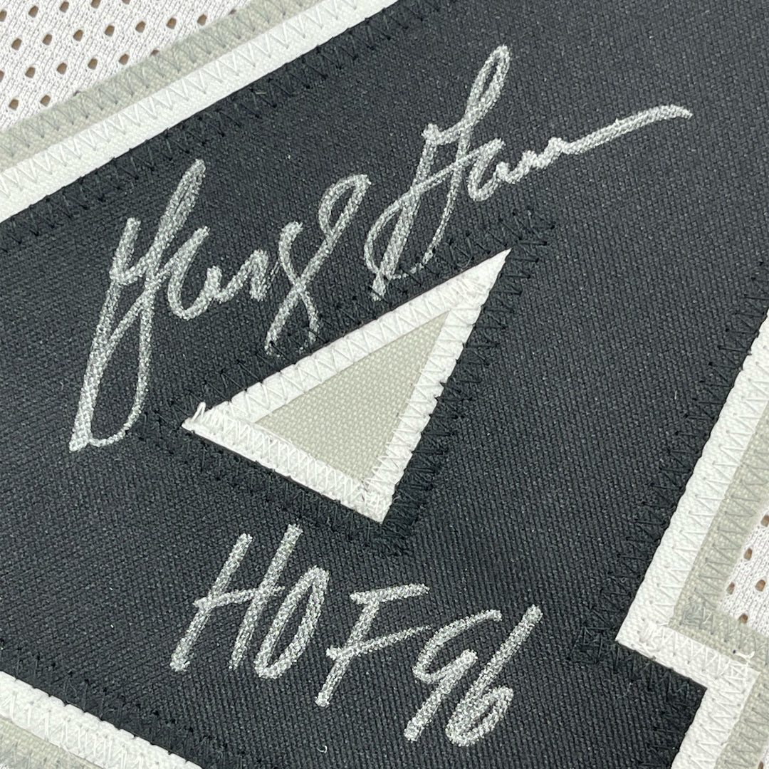 FRAMED Autographed/Signed GEORGE GERVIN 33x42 HOF 96 White Jersey JSA COA