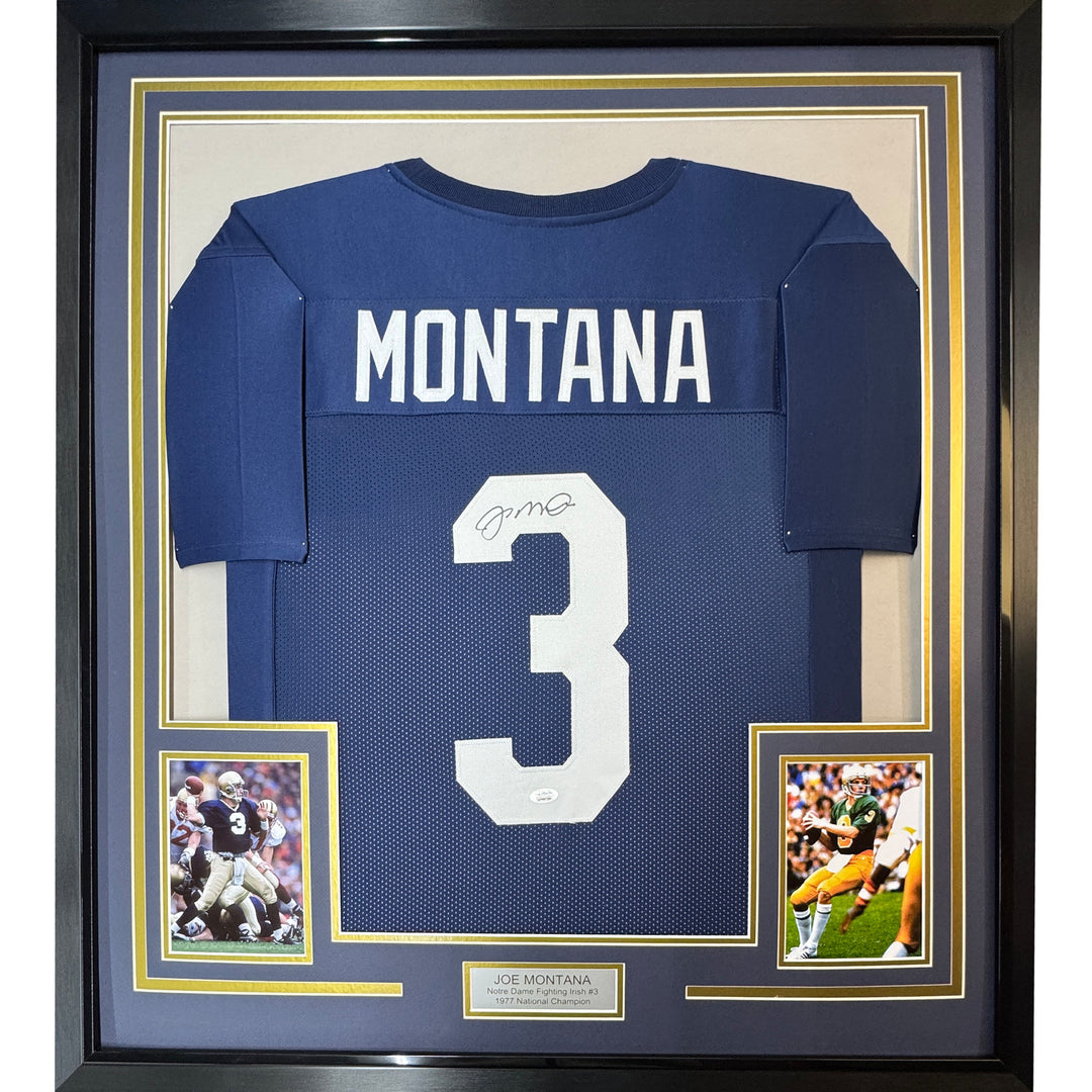 FRAMED Autographed/Signed JOE MONTANA 33x42 Notre Dame Blue Jersey JSA COA Auto