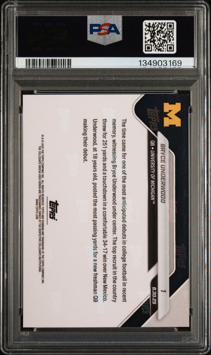 Graded 2025 Bowman U Now Bryce Underwood #1 Rookie RC Football Card PSA 10