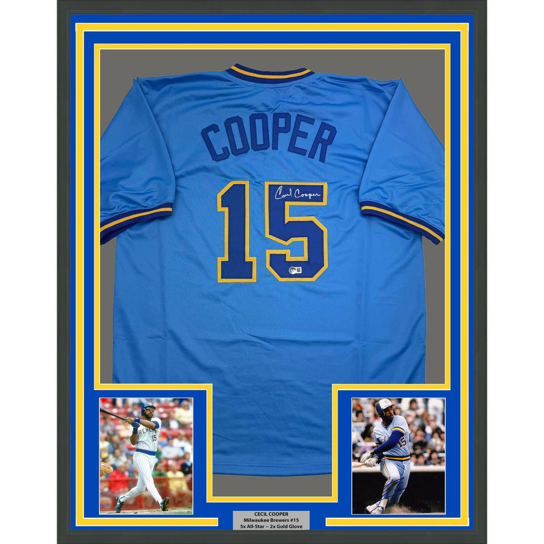 Framed Autographed/Signed Cecil Cooper 35x39 Milwaukee Blue Jersey BAS COA