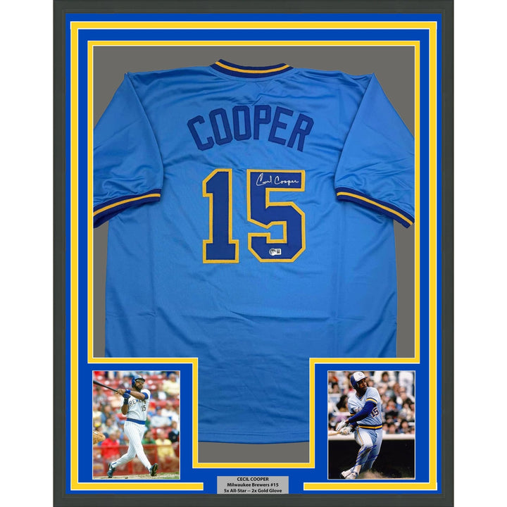 Framed Autographed/Signed Cecil Cooper 35x39 Milwaukee Blue Jersey BAS COA