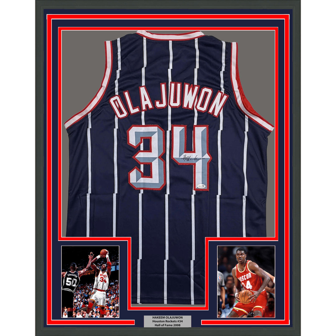 Framed Autographed/Signed Hakeem Olajuwon 35x39 Houston Blue Jersey JSA COA