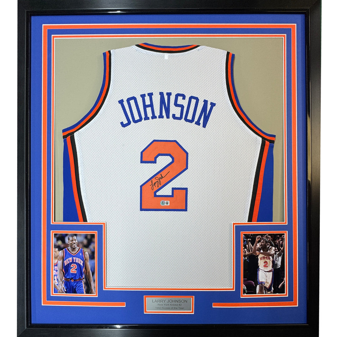 Framed Autographed/Signed Larry Johnson 33x42 New York White Jersey JSA COA