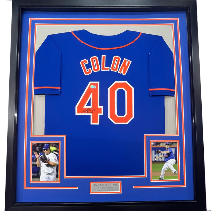 Framed Autographed/Signed Bartolo Colon 33x42 New York Blue Jersey BAS COA