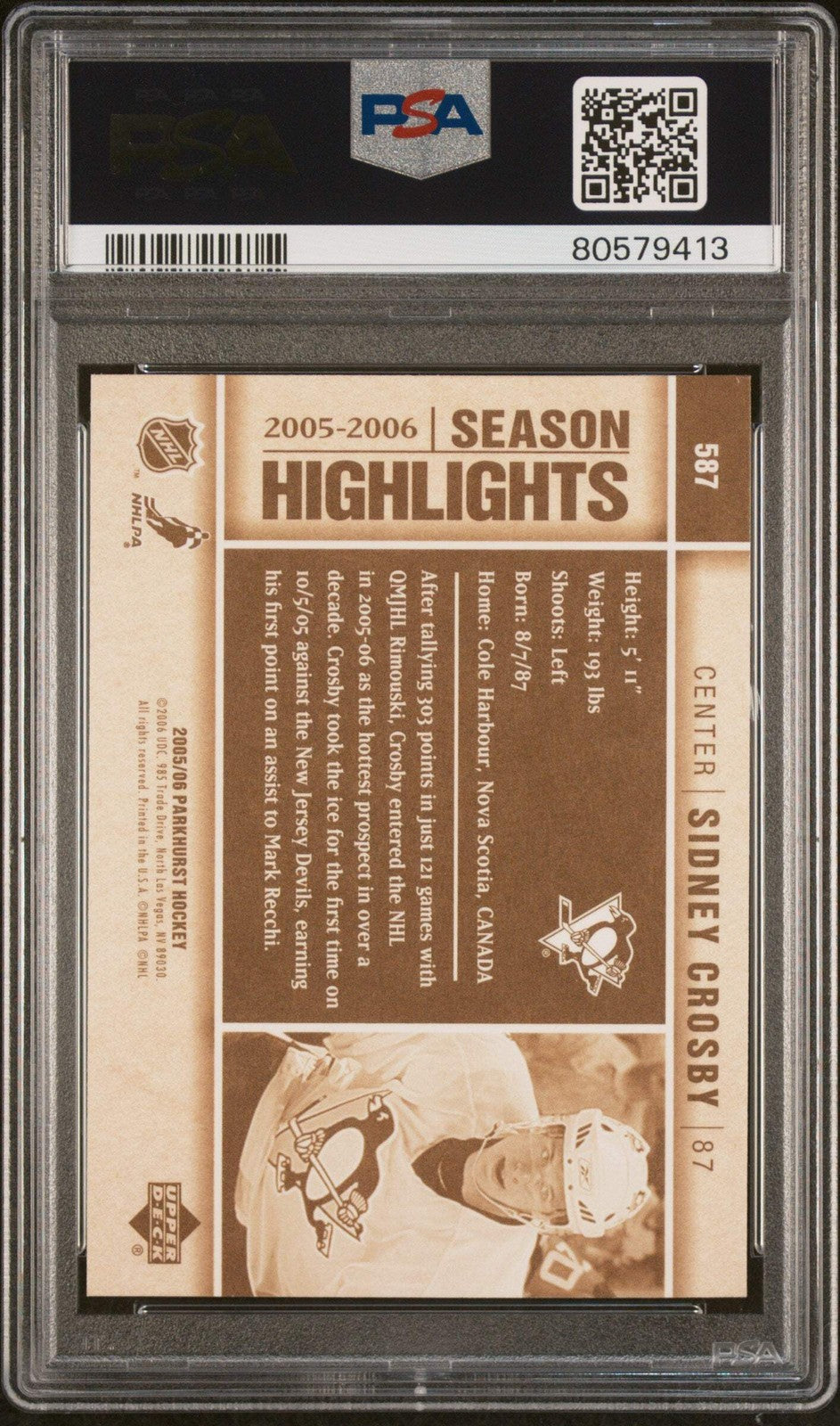 Graded 2005 Upper Deck Parkhurst Sidney Crosby #587 NHL Debut Rookie Card PSA 10