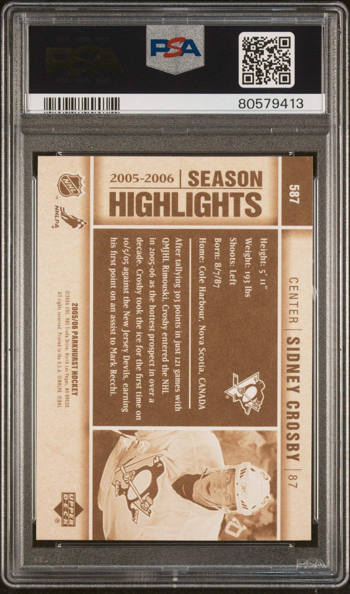 Graded 2005 Upper Deck Parkhurst Sidney Crosby #587 NHL Debut Rookie Card PSA 10