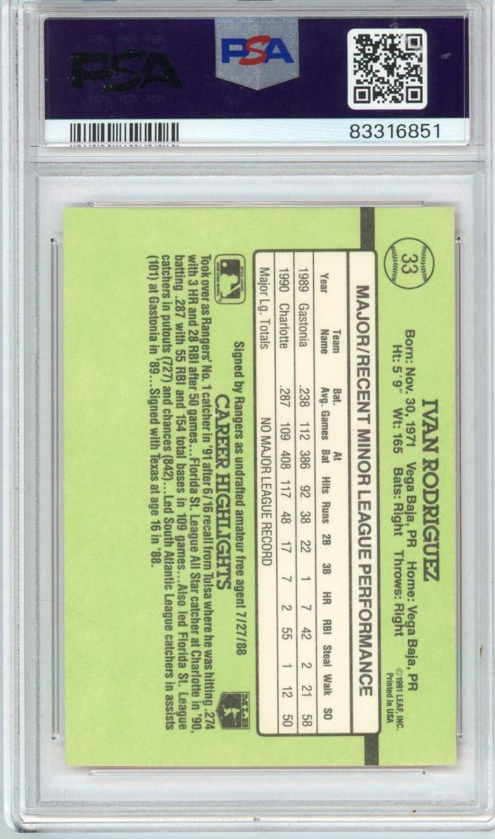 Graded 1991 Donruss Ivan Pudge Rodriguez #33 Rookie RC Card PSA 10 Auto Grade