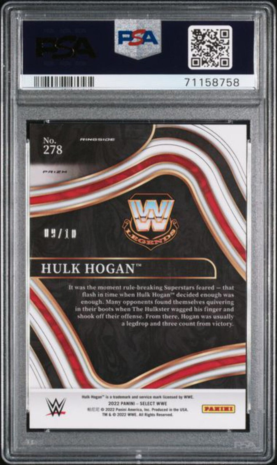 Graded 2022 Panini Select WWE Hulk Hogan #278 /10 Gold Flash Prizm Card PSA 9