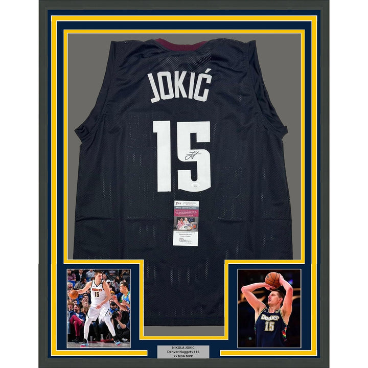 Framed Signed Nikola Jokic 35x39 Denver Black 5280 Jersey JSA COA