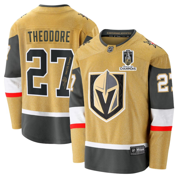 Shea Theodore Signed Vegas Golden Knights Gold Jersey Inscribed Champs IGM COA