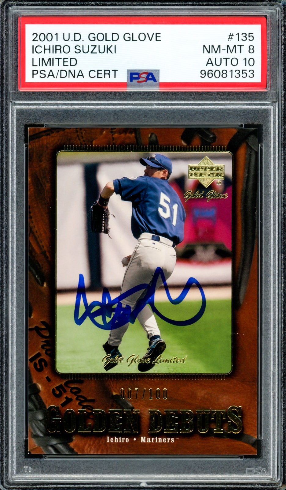 Ichiro Suzuki Auto 2001 Upper Deck GG Limited RC 135 PSA 8 Sig 10 7/100 PSA/DNA