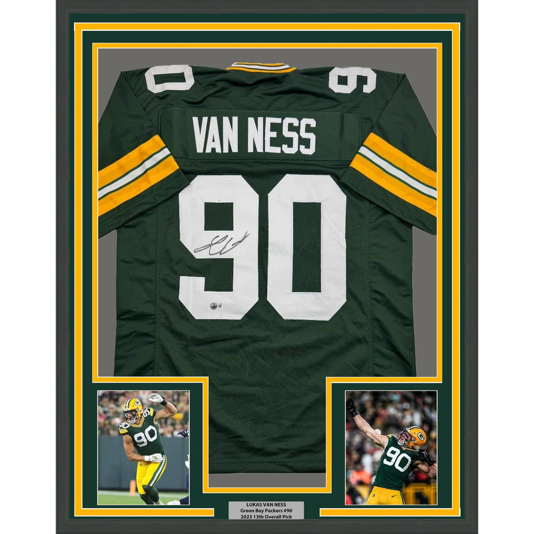 Framed Signed Lukas Van Ness 35x39 Green Bay Green Jersey BAS COA