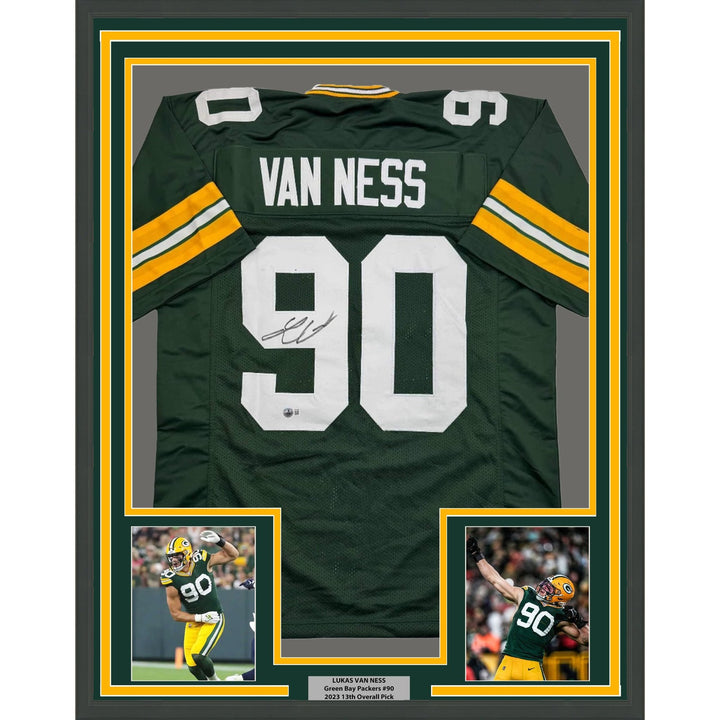 Framed Signed Lukas Van Ness 35x39 Green Bay Green Jersey BAS COA