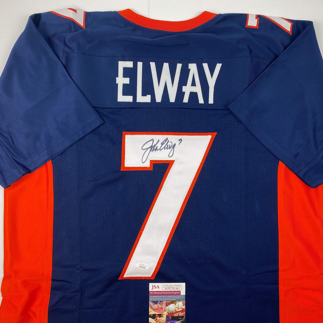 Autographed/Signed John Elway Denver Blue Football Jersey JSA COA Auto