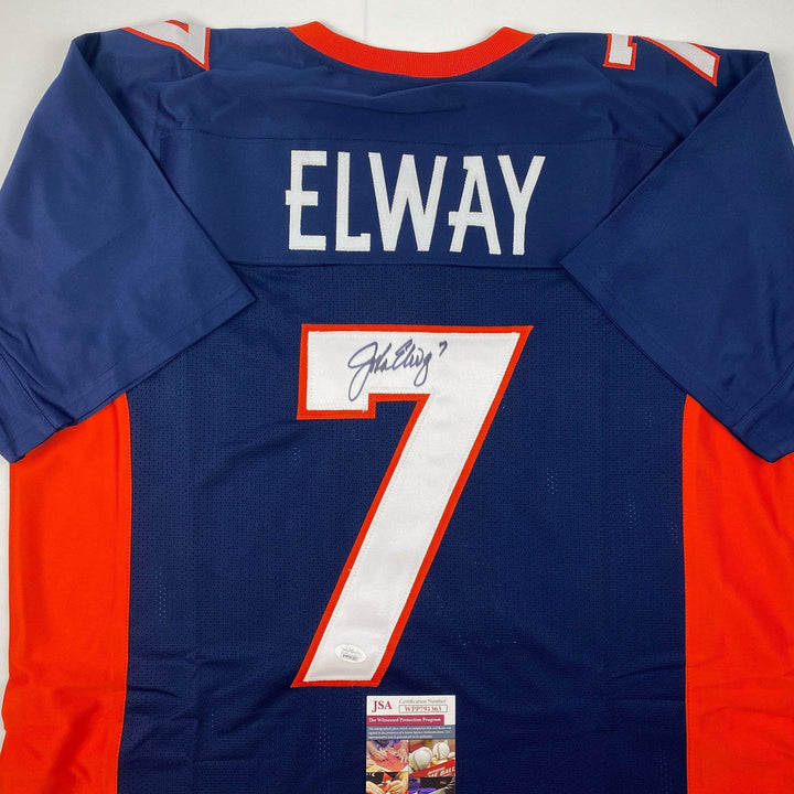 Autographed/Signed John Elway Denver Blue Football Jersey JSA COA Auto