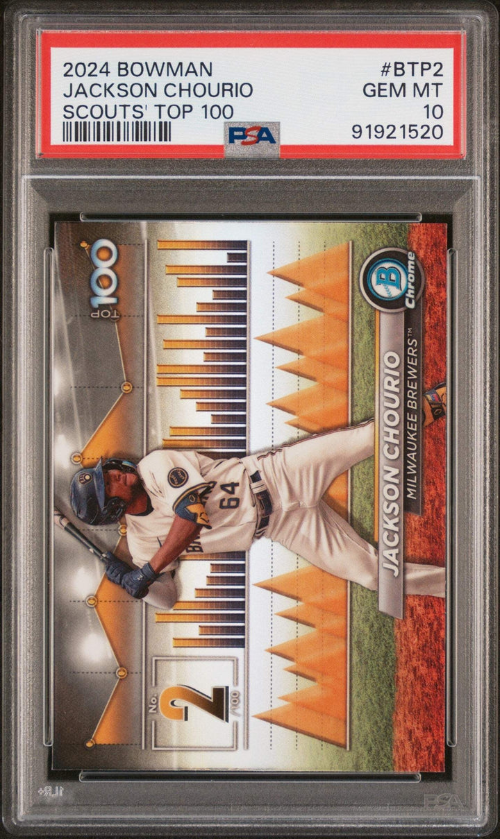 Graded 2024 Bowman Jackson Chourio #BTP2 Scouts Top 100 RC Baseball Card PSA 10