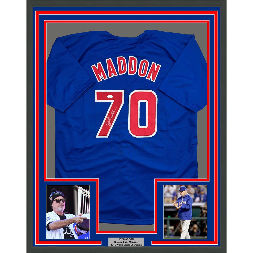Framed Autographed/Signed Joe Maddon 35x39 Chicago Blue Jersey JSA COA