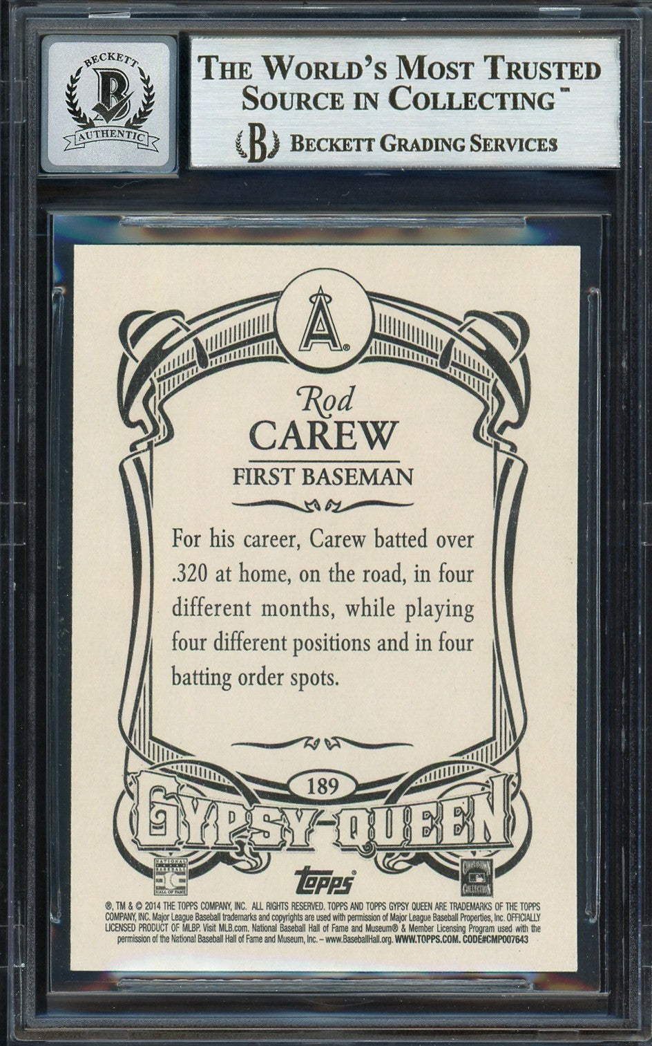 Rod Carew Auto 2014 Topps Gypsy Queen Card 189 California Angels Sig 10 Beckett