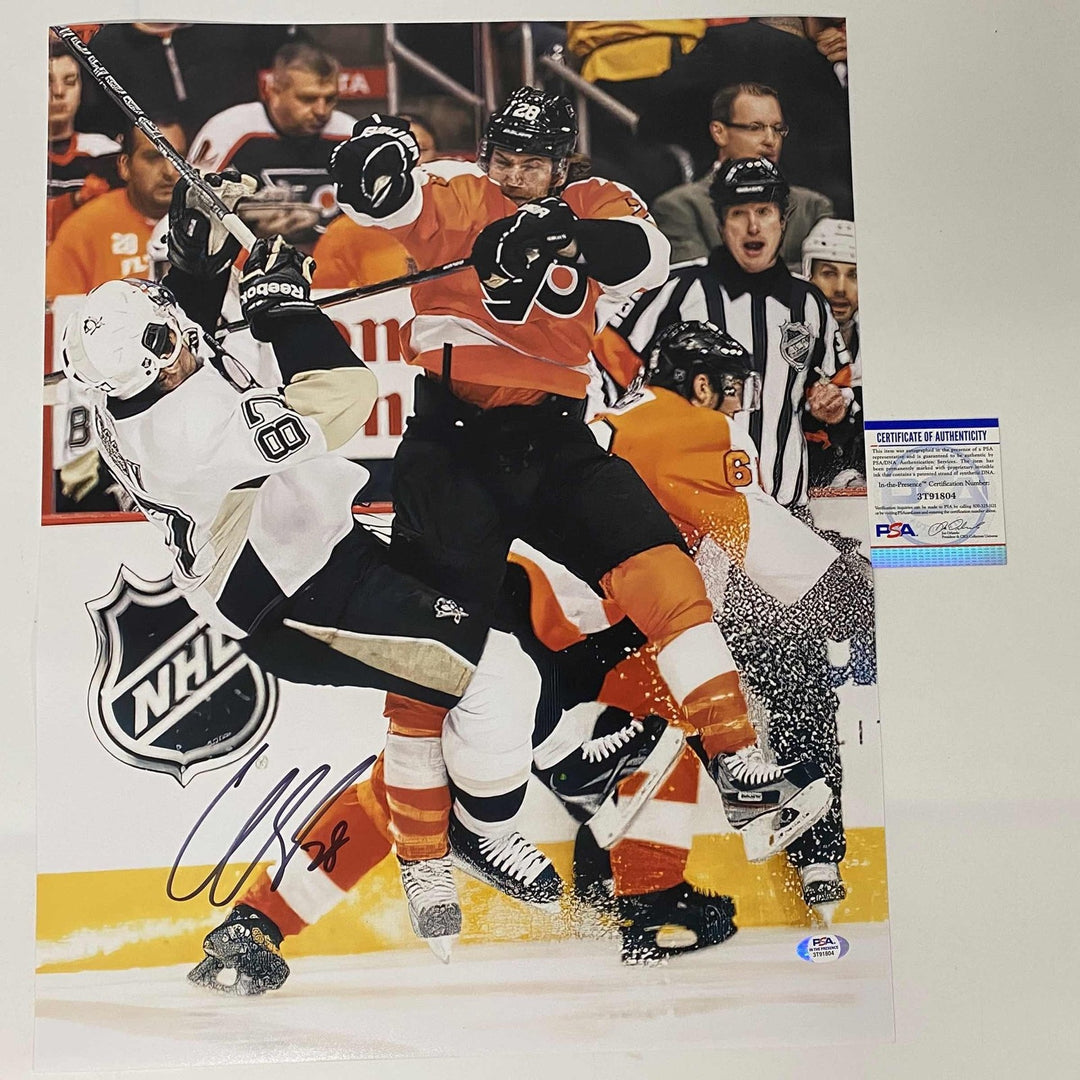 Autographed/Signed Claude Giroux Flyers Crosby Hit 16x20 Photo PSA COA