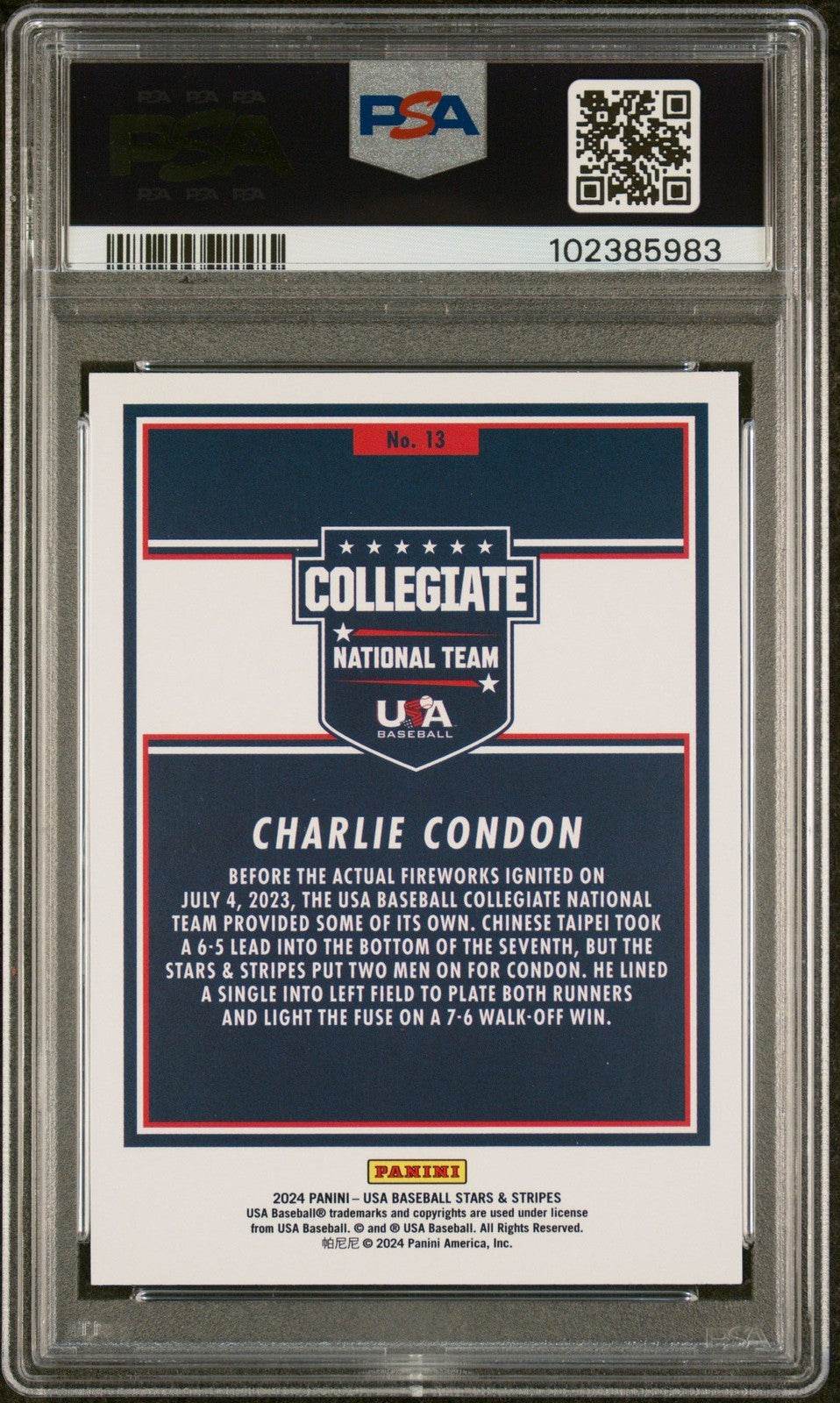 Graded 2024 Panini Stars & Stripes USA Charlie Condon #13 Card PSA 10