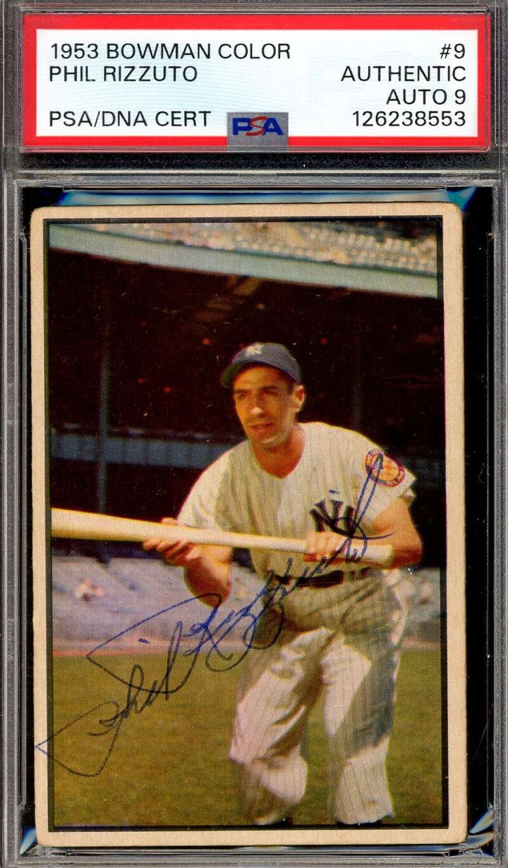 Phil Rizzuto Mint 9 PSA DNA Signed 1953 Bowman Color Autograph
